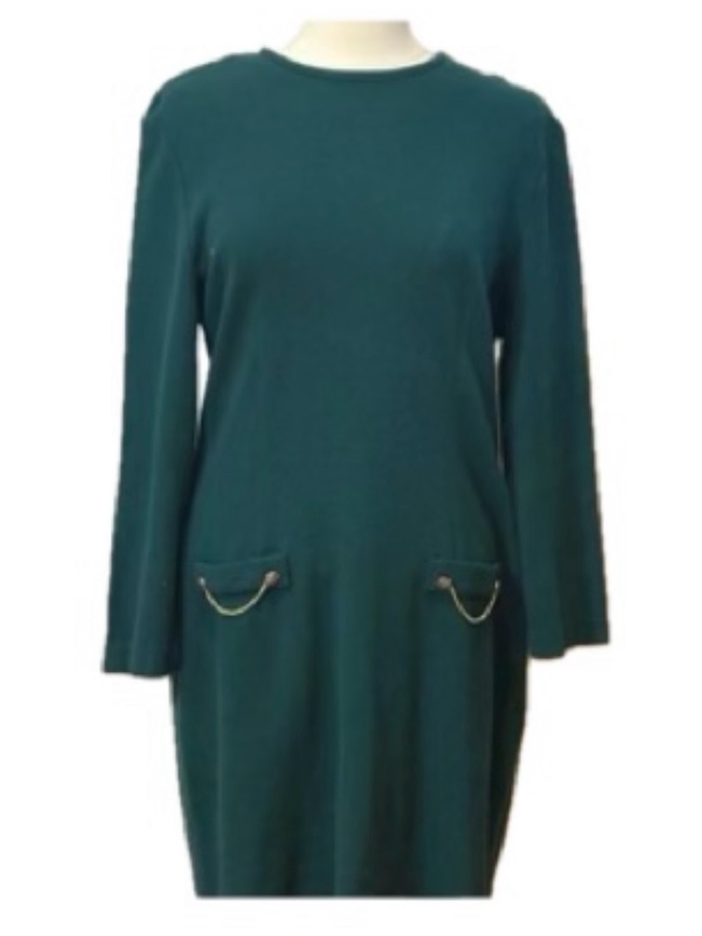 VINTAGE!! 80s-90s Paquette Too! Green Long Sleeve Dress with Chain Accents